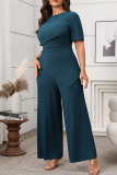 Malachite Green O Neck Short Sleeve Irregular Tops And Wide Leg Pants Casual Formal Office Lady Plus Size Two Pieces Trouser Sets
