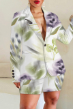 Brown Print Turn-back Collar Long Sleeve Buttons Blazer Jackets And Shorts Formal Office Lady Casual Two Pieces Suit Sets