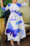 Light Blue Floral Print O Neck 3/4 Sleeve Belted Pockets Long Vacation Casual Pleated A Line Maxi Dresses