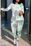 Blue Cartoon Print O Neck Long Sleeve Oversize Tops And Skinny Pants Sportwear Casual Two Pieces Sweatpant Sets