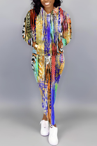 Multicolor Graphics Print Long Sleeve Hooded Sweatshirts And Drawstring Pants Two Pieces Sportwear Casual Sweatsuits Sets