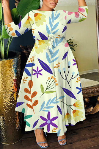 Yellow Floral Print O Neck 3/4 Sleeve Belted Pockets Long Vacation Casual Pleated A Line Maxi Dresses