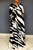White Graphics Print O Neck Long Sleeve Long Loose Vacation Casual Pleated Maxi Dresses