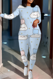 Light Cyan Cartoon Print O Neck Long Sleeve Oversize Tops And Skinny Pants Sportwear Casual Two Pieces Sweatpant Sets