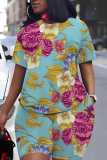 Beige Floral Print Round Neck Short Sleeve T-shirt And Shorts Casual Two Pieces Matching Sets