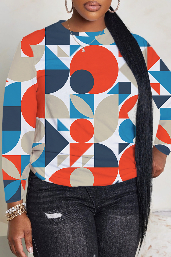 Orange Geometry Print O Neck Long Sleeve Fall Winter Casual Sweatshirt Tops