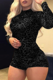 Black Leopard Print Half A Turtleneck One Piece Bodysuit Skinny Rompers