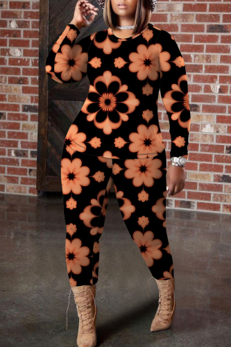 Black Orange Floral Print O Neck Long Sleeve Oversize Tops And Skinny Pants Sportwear Casual Two Pieces Sweatpant Sets