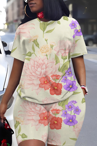 Beige Floral Print Round Neck Short Sleeve T-shirt And Shorts Casual Two Pieces Matching Sets