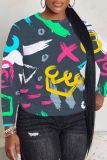 White Casual Graffiti Print O Neck Long Sleeve Fall Winter Sweatshirt Tops