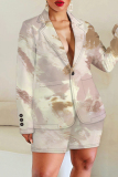 Brown Print Turn-back Collar Long Sleeve Buttons Blazer Jackets And Shorts Formal Office Lady Casual Two Pieces Suit Sets