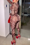 Leopard Print Half A Turtleneck Casual One Piece Bodysuit Skinny Jumpsuits