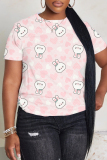 Pink Cartoon Print O Neck Short Sleeve Casual Outing Oversize T-Shirts