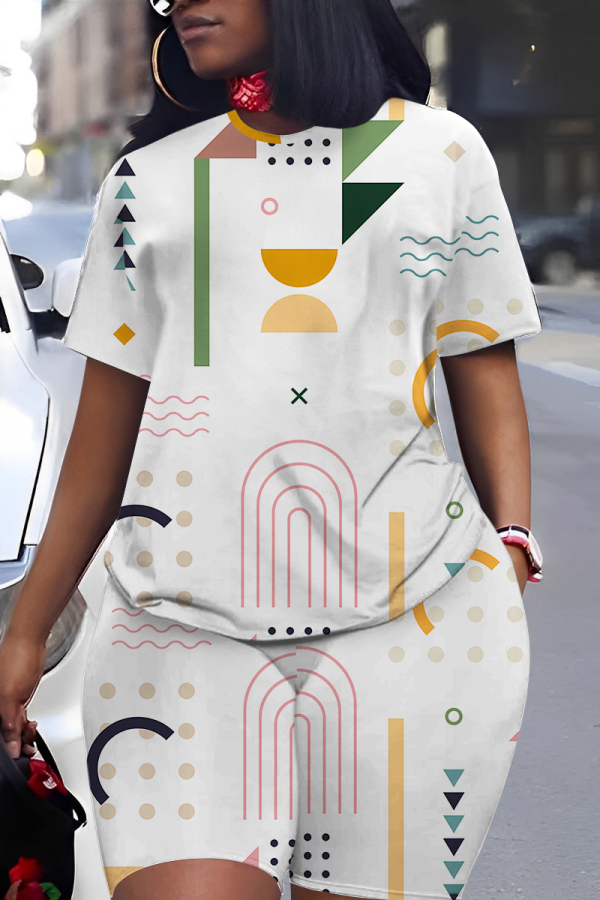 White Graphics Print Round Neck Short Sleeve T-shirt And Shorts Casual Two Pieces Matching Sets