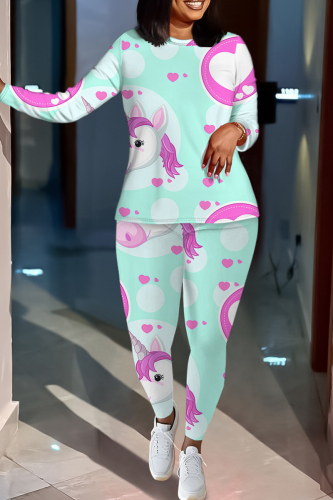 Blue Cartoon Print O Neck Long Sleeve Oversize Tops And Skinny Pants Sportwear Casual Two Pieces Sweatpant Sets