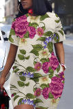 Beige Floral Print Round Neck Short Sleeve T-shirt And Shorts Casual Two Pieces Matching Sets