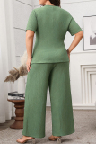Malachite Green O Neck Short Sleeve Irregular Tops And Wide Leg Pants Casual Formal Office Lady Plus Size Two Pieces Trouser Sets