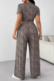 Multicolor Graphics Print Short Sleeve O Neck Crop T-shirt And Wide Leg Pants Casual Plus Size Two Pieces Trouser Sets