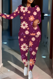 Dark Khaki Floral Print O Neck Long Sleeve Oversize Tops And Skinny Pants Sportwear Casual Two Pieces Sweatpant Sets