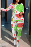 Pastel Green Floral Print O Neck Long Sleeve Oversize Tops And Skinny Pants Sportwear Casual Two Pieces Sweatpant Sets
