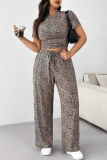 Multicolor Graphics Print Short Sleeve O Neck Crop T-shirt And Wide Leg Pants Casual Plus Size Two Pieces Trouser Sets