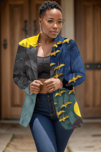 Yellow Casual Gaphics Print Cardigan Long Sleeve Turn-back Collar Plus Size Blazer Jackets