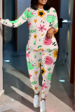 Pastel Green Floral Print O Neck Long Sleeve Oversize Tops And Skinny Pants Sportwear Casual Two Pieces Sweatpant Sets