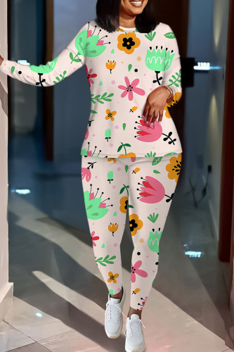 Pastel Green Floral Print O Neck Long Sleeve Oversize Tops And Skinny Pants Sportwear Casual Two Pieces Sweatpant Sets