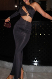 Black Backless Slit Oblique Collar Single Sleeve Hollow Out Formal Evening Party Prom Bodycon Maxi Dresses