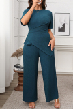 Malachite Green O Neck Short Sleeve Irregular Tops And Wide Leg Pants Casual Formal Office Lady Plus Size Two Pieces Trouser Sets