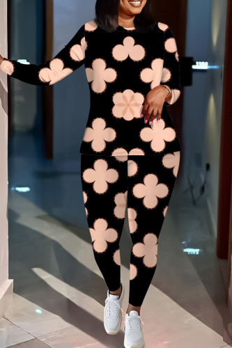 Dark Khaki Floral Print O Neck Long Sleeve Oversize Tops And Skinny Pants Sportwear Casual Two Pieces Sweatpant Sets