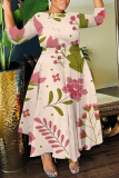 Yellow Floral Print O Neck 3/4 Sleeve Belted Pockets Long Vacation Casual Pleated A Line Maxi Dresses