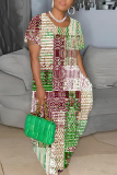 Blue Red Graphics Print O Neck Short Sleeve Long Side Slit Loose Vacation Straight Casual Plus Size Maxi T-shirt Dresses