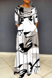 White Graphics Print O Neck Long Sleeve Long Loose Vacation Casual Pleated Maxi Dresses