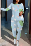 Light Cyan Cartoon Print O Neck Long Sleeve Oversize Tops And Skinny Pants Sportwear Casual Two Pieces Sweatpant Sets