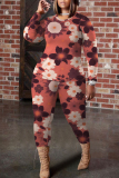 Black Orange Floral Print O Neck Long Sleeve Oversize Tops And Skinny Pants Sportwear Casual Two Pieces Sweatpant Sets