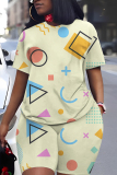 White Graphics Print Round Neck Short Sleeve T-shirt And Shorts Casual Two Pieces Matching Sets
