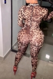 Leopard Print Half A Turtleneck Casual One Piece Bodysuit Skinny Jumpsuits