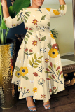 Yellow Floral Print O Neck 3/4 Sleeve Belted Pockets Long Vacation Casual Pleated A Line Maxi Dresses