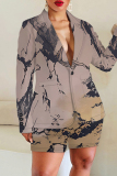 Brown Print Turn-back Collar Long Sleeve Buttons Blazer Jackets And Shorts Formal Office Lady Casual Two Pieces Suit Sets