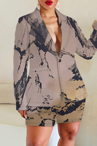 Brown Print Turn-back Collar Long Sleeve Buttons Blazer Jackets And Shorts Formal Office Lady Casual Two Pieces Suit Sets