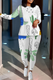 Blue Cartoon Print O Neck Long Sleeve Oversize Tops And Skinny Pants Sportwear Casual Two Pieces Sweatpant Sets