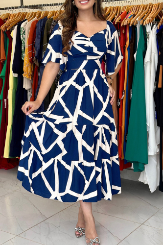Blue Graphics Print Flare Sleeve V Neck Ruffle Hem Vacation Midi Casual Vacation A Line Maxi Dresses