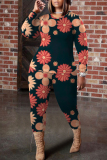Black Orange Floral Print O Neck Long Sleeve Oversize Tops And Skinny Pants Sportwear Casual Two Pieces Sweatpant Sets
