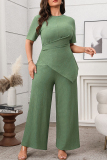 Malachite Green O Neck Short Sleeve Irregular Tops And Wide Leg Pants Casual Formal Office Lady Plus Size Two Pieces Trouser Sets