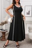 Black Sleeveless O Neck Casual Plus Size Pleated Maxi Dresses
