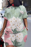 Beige Floral Print Round Neck Short Sleeve T-shirt And Shorts Casual Two Pieces Matching Sets