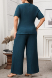 Malachite Green O Neck Short Sleeve Irregular Tops And Wide Leg Pants Casual Formal Office Lady Plus Size Two Pieces Trouser Sets