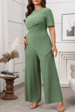 Malachite Green O Neck Short Sleeve Irregular Tops And Wide Leg Pants Casual Formal Office Lady Plus Size Two Pieces Trouser Sets