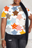 White Blue Graphics Print O Neck Short Sleeve Casual Outing Oversize T-Shirts